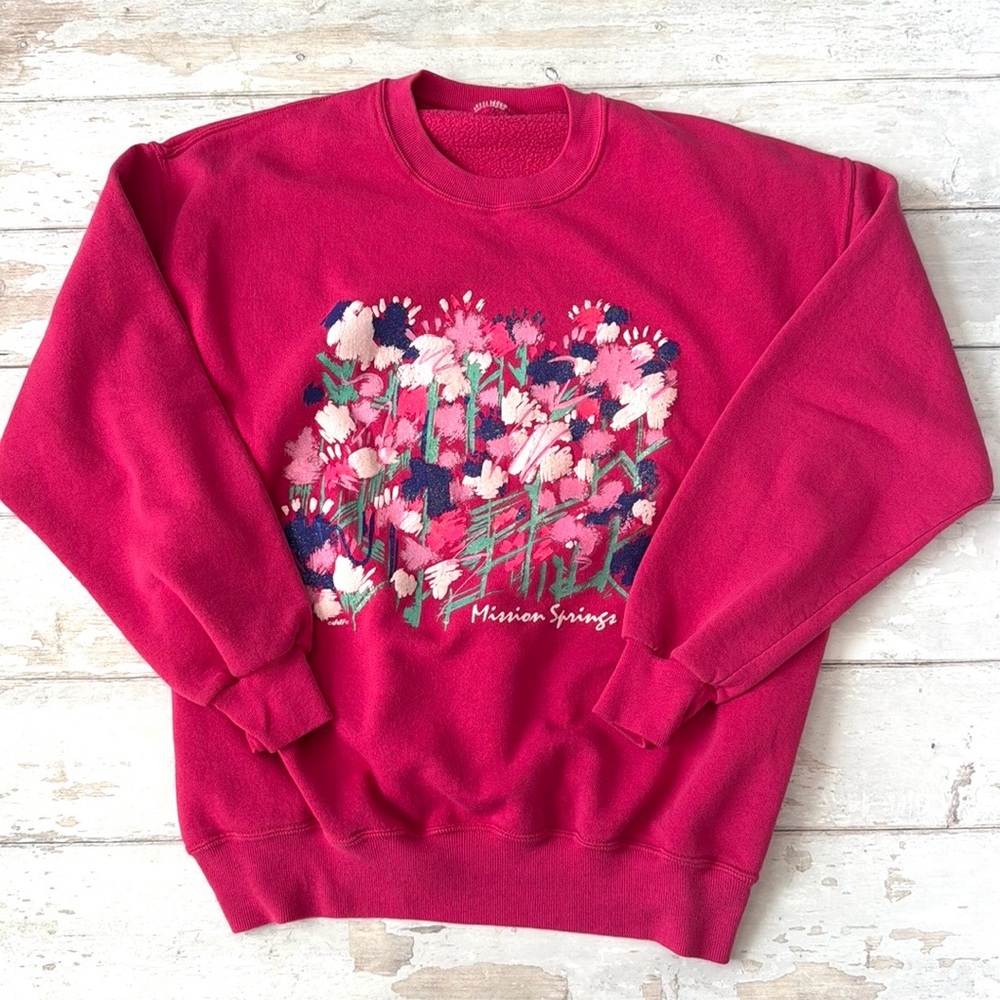Women’s XL Hot Pink Crewneck Sweatshirt Mission Springs Flower Print X Large